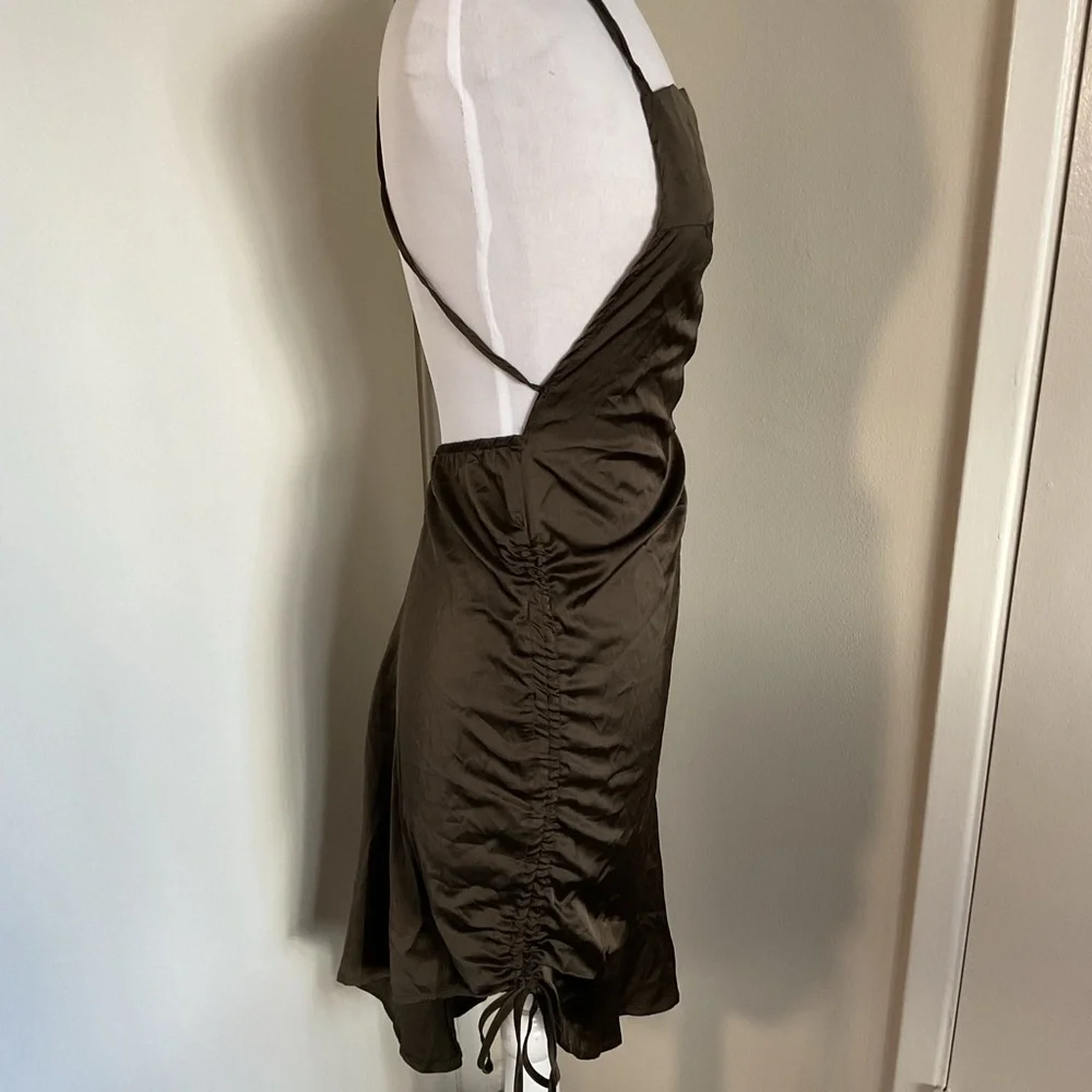 CBR Brown Satin Halter Backless Dress Side Tie Asymmetrical Medium - Picture 7 of 7